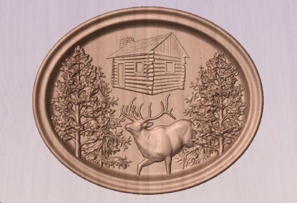 Elk and Cabin Oval Plaque Cherry